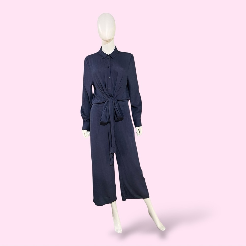 Caslon Navy Blue Textured Wide Leg Jumpsuit, Small